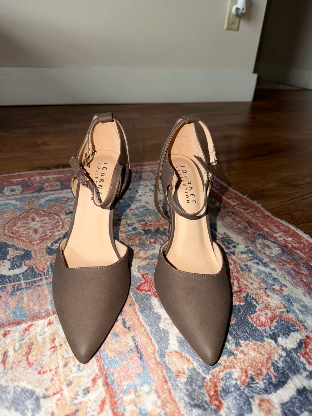 Journee Collection Taupe Pointed Ankle-Strap Pumps